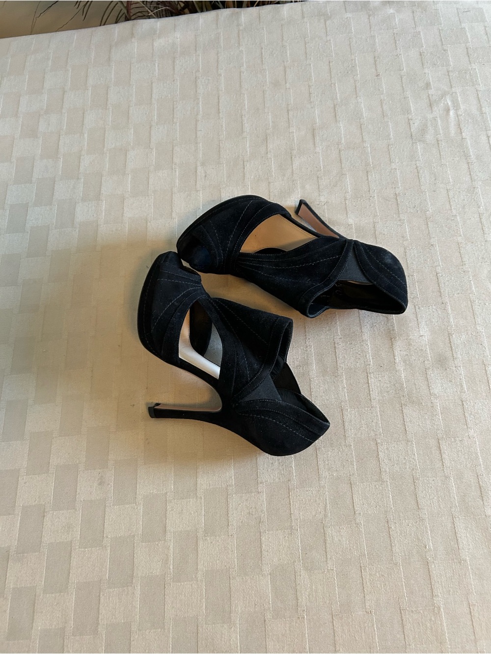 Prada Suede Cut Out Peep Toe Heeled Booties - Picture 8 of 15